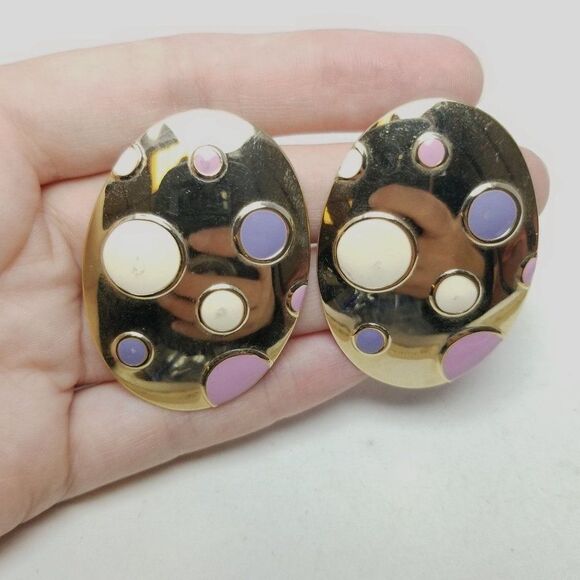 Vintage Pastel Polka Dot Oval Stud Earrings, Pink Purple Enamel, Retro 80s Style - Picture 1 of 6